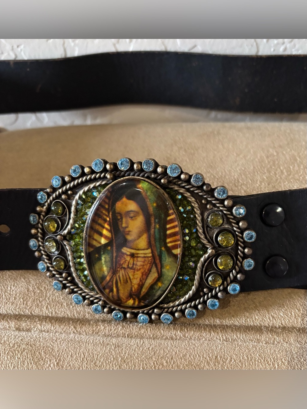 Virgin Saints & Angels Medallion Black Leather Belt — Blue & Green Gem Accent